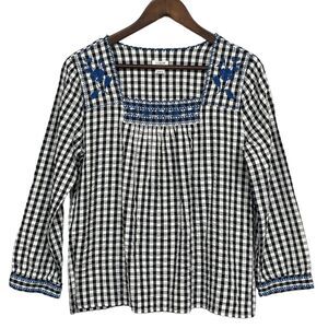 J. Crew Factory Blouse‎ Women Size S Blue Gingham Cotton Square Neck Long Sleeve